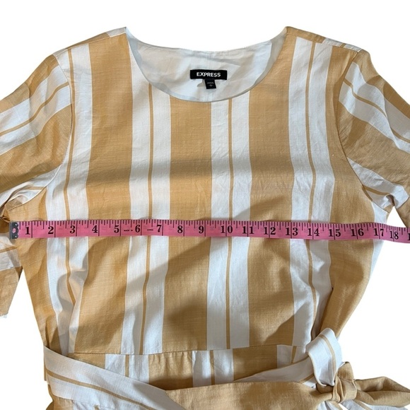 Express Cotton Ruffle Flare Sleeve Wrap Dress in Tan + White Stripes Size Small - Picture 3 of 10